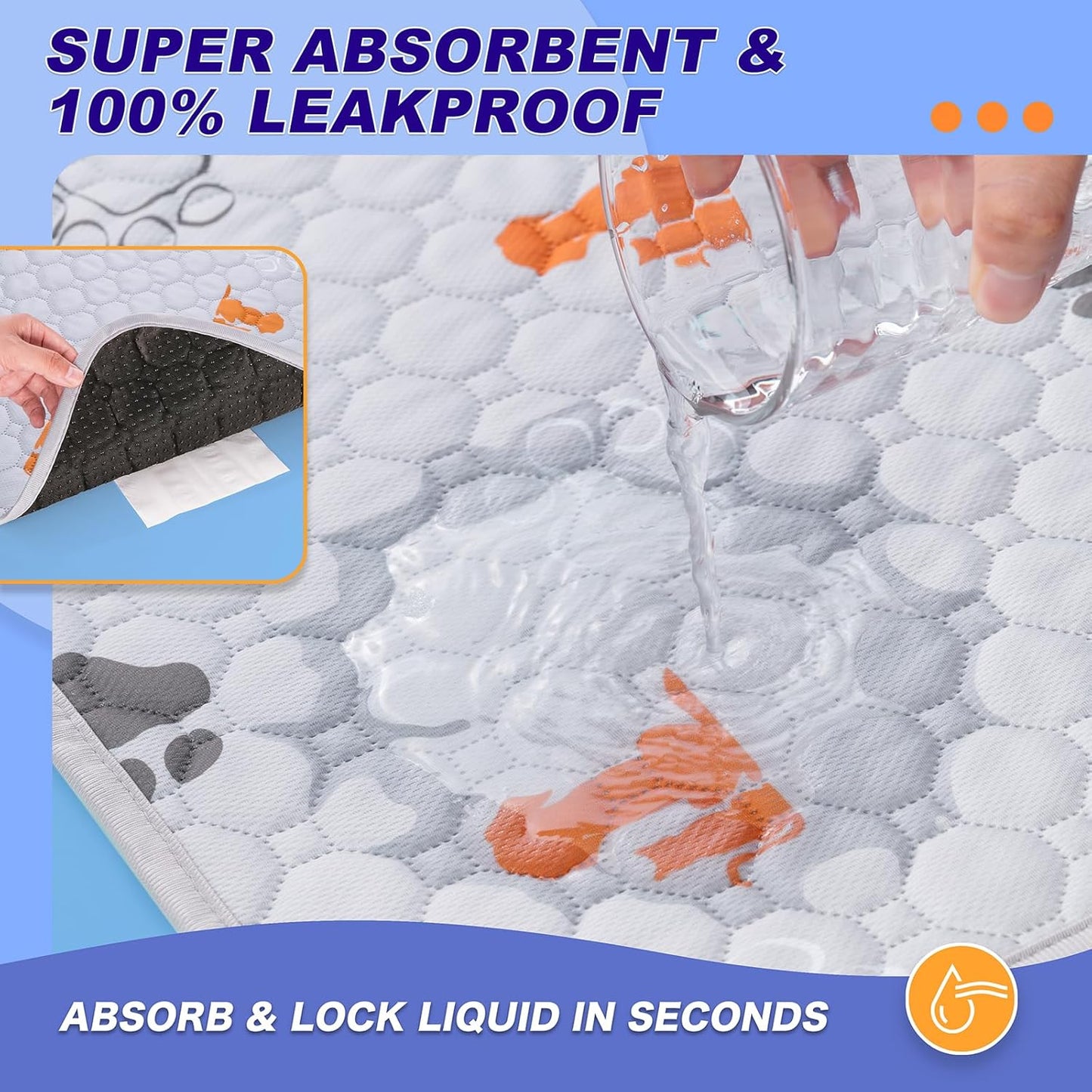 Washable Pee Pads for Dogs, 2 Pack Absorbent Reusable Training Dog Pads Pet Puppy Pads, Non-Slip Potty Pads for Whelping, Playpen, Crate, Bed, Orange, 48"x48"