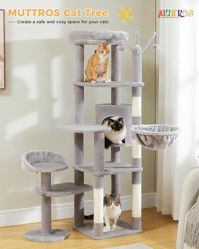 Cat Tree for Large Cats, 59-inch Tall Cat Tower with 3 Removable Pompom Sticks, Condo, Large Hammock, Scratching Post & 2 Perches, Grey