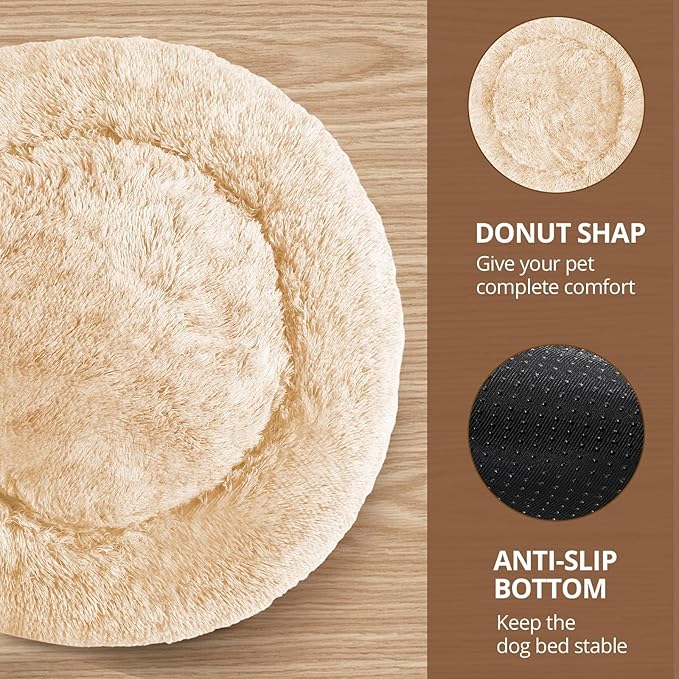 JOLLYVOGUE Small Dog & Cat Beds for Indoor Cats, Donut Cuddler Warming Soft Dog Beds with Anti-Slip Bottom, Round Calming Fluffy Plush Faux Fur Cushion Bed for Medium Dogs (27", Off White)