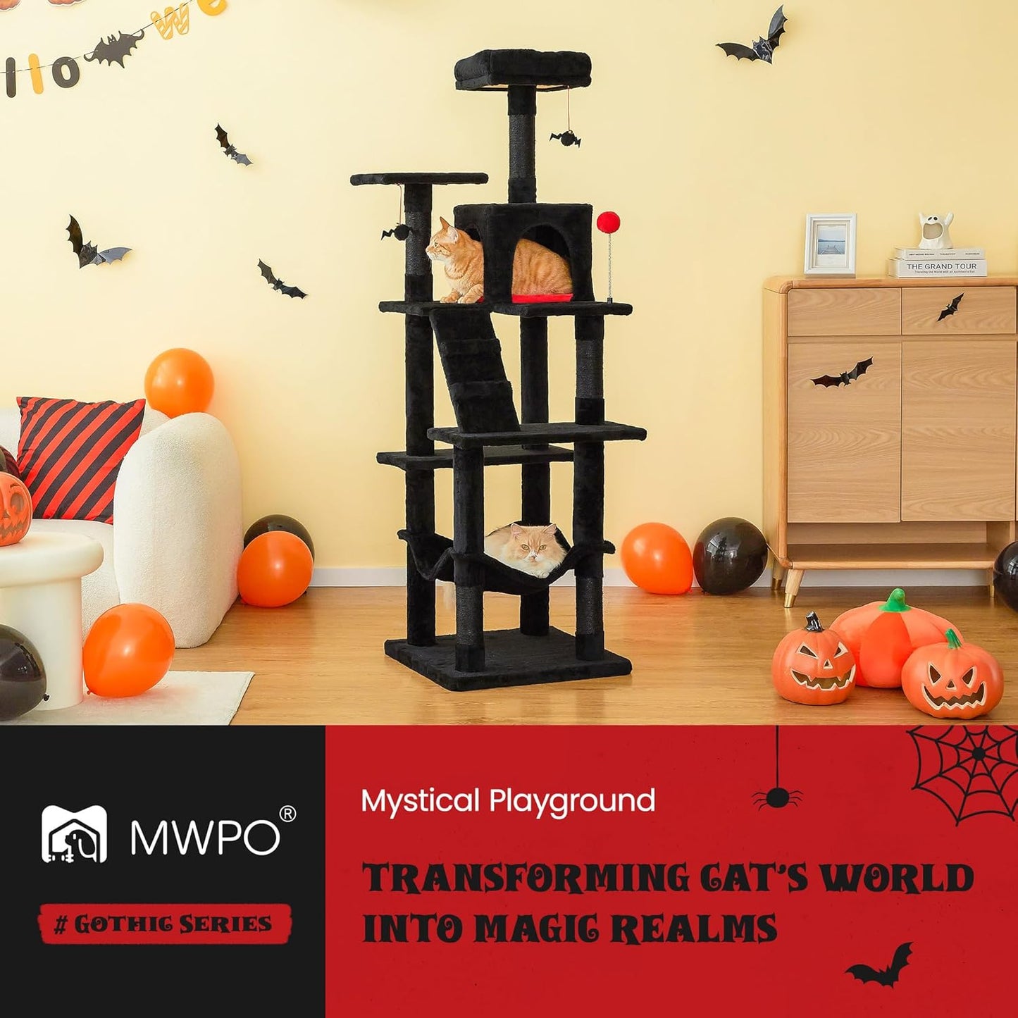 MWPO Gothic Cat Tree for Indoor Cats, 63.8 Inches Multi-Level Cat Tower with Sisal-Covered Scratching Posts, Padded Platform, Hammock, Dangling Toys, Stable Cat Condo Pet Play House, Black