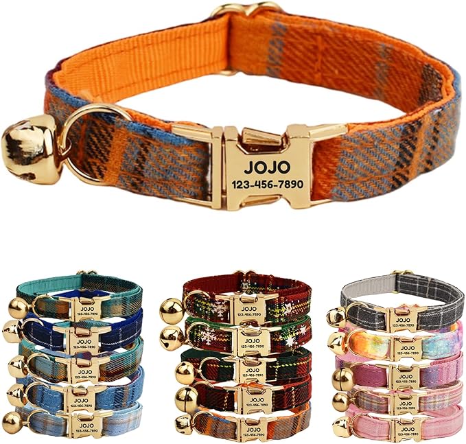 Plaid Polyester Personalized Cat Collar with Name & Owner Phone, Customizable Laser-Engraved, Charming Bell, Metal Buckle for Kittens and Cats - Matching Leash Available (Style-D)