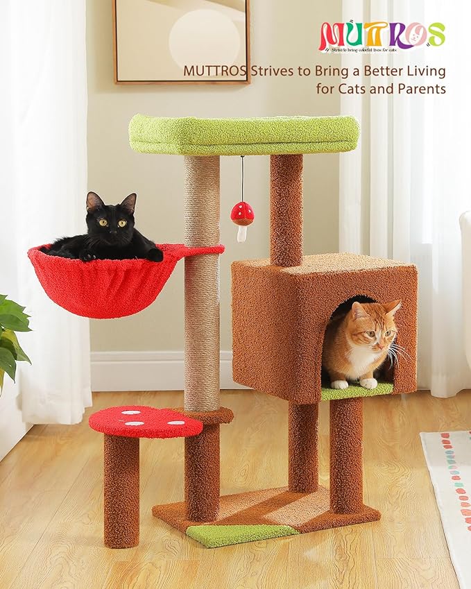 Mushroom Cat Tree with Sisal Scratching Posts, 35.4" Cute Cat Tower Cat Condo w/Large Green Top Perch, Soft Red Hammock, and Mushroom Dangling Ball, for Small-Medium Cats, Brown