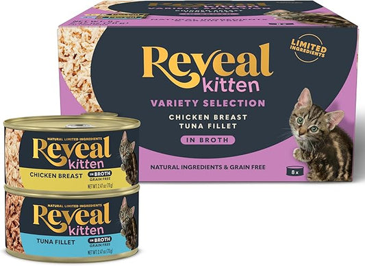 Reveal Natural Wet Kitten Food, Limited and Natural Ingredients, Grain Free, High Protein with No Artificial Additives, Chicken & Tuna Variety in Broth (8 x 2.47 oz Cans)