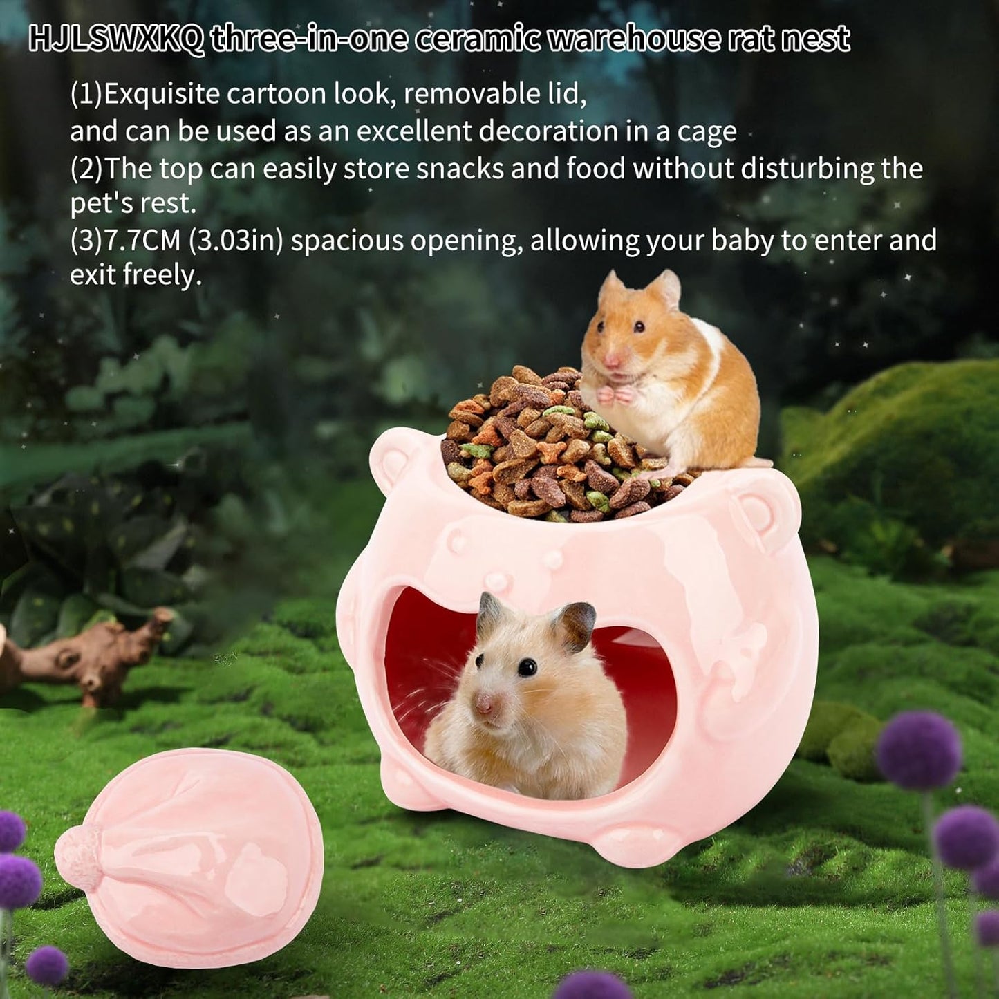 3-in-1 Bear Shaped Ceramic Hamster House - Cool House for Syrian Dwarf Hamsters, Mice, Gerbils， Small Pets, Top for Hamster Food, Removable Lid for Ice Packs, Cute Cool Hideout for Summer（Pink）