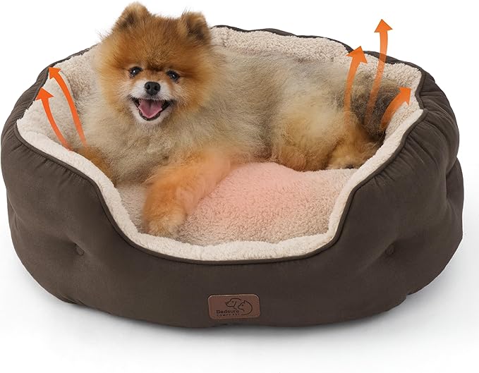 Bedsure Self Warming Dog Beds for Small Dogs - Round Medium Cat Beds for Indoor Cats, Washable Pet Bed for Puppy and Kitten with Slip-Resistant Bottom, 25 Inches, Self Warming Brown, Non-Electric