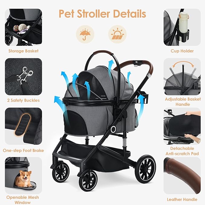Pet Stroller with 4 Wheels, 3 in 1 Folding Puppy Strollers for Small/Medium Dogs Cats up to 50lbs, Lightweight Pet Travel Carrier with Detachable Cushion, Storage Basket and Cup Holder, Gray