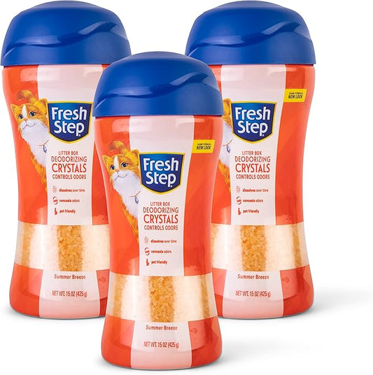 Fresh Step Cat Litter Crystals in Tropical Summer Breeze Scent - Cat Litter Box Deodorizer - Combats Odors and Neutralizes Smells to Keep Your Home Clean, 15 Ounce - 3 Pack