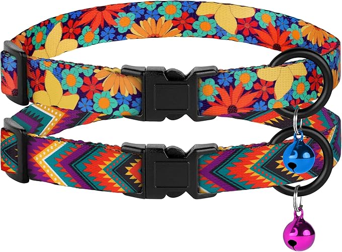 Cat Collars 2 Pack - Soft Cute Breakaway Collar with Bell, Adjustable Safety Kitten Collars for Girl & Boy Cats – Comfortable Stylish Patterned Print Lightweight (Floral + Arrows)