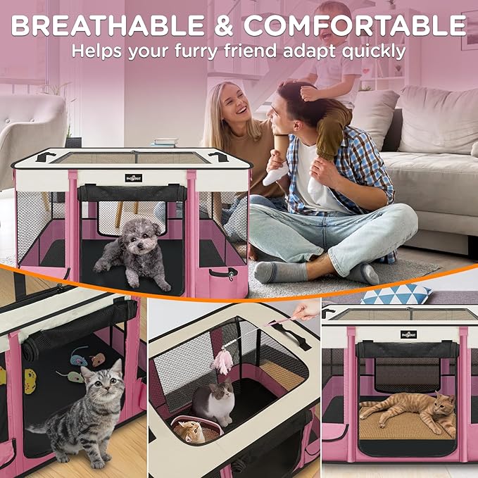 Foldable Pet Kitten Playpen, Upgrade Waterproof Portable Cat Dog Playpen Kennel Tent for Small Dog Cat, Removable Shade Cover, Come with Free Carrying Case, Indoor Outdoor Use for Small Pet, Pink