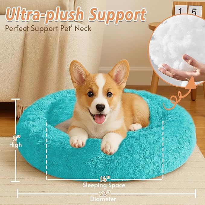 JOLLYVOGUE Small Dog & Cat Beds for Indoor Cats, Donut Cuddler Warming Soft Dog Beds with Anti-Slip Bottom, Round Calming Fluffy Plush Faux Fur Cushion Bed for Small Dogs (23", Aqua Blue)