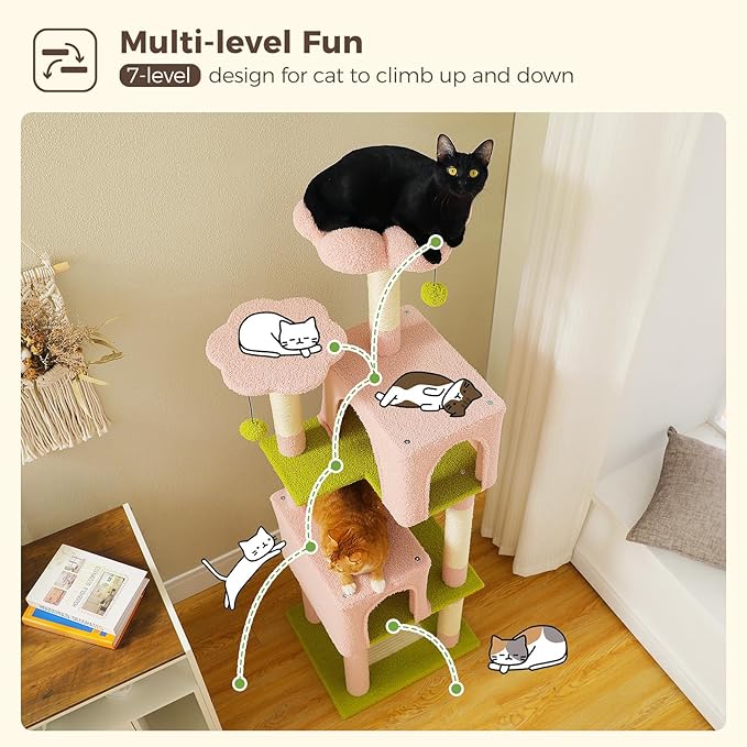 62" Cat Tree for Indoor Cats, Multi-Level Cat Tower for Large Cats with Scratching Posts, 2 Spacious Plush Condos, Padded Perch, Soft Cat Bed, Scratching Pad & 2 Pompoms, Pink