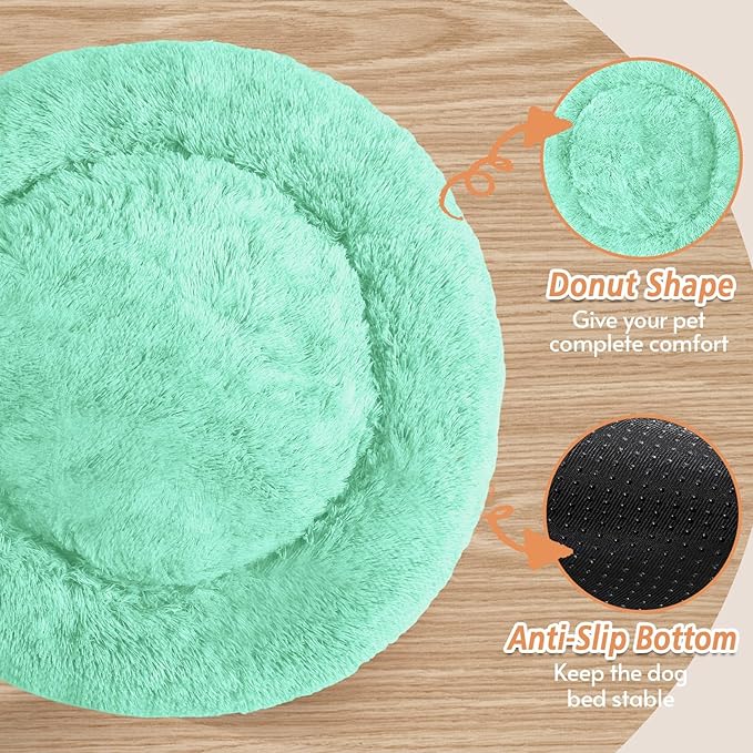 JOLLYVOGUE Small Dog & Cat Beds for Indoor Cats, Donut Cuddler Warming Soft Dog Beds with Anti-Slip Bottom, Round Calming Fluffy Plush Faux Fur Cushion Bed for Medium Dogs (27", Mint Green)