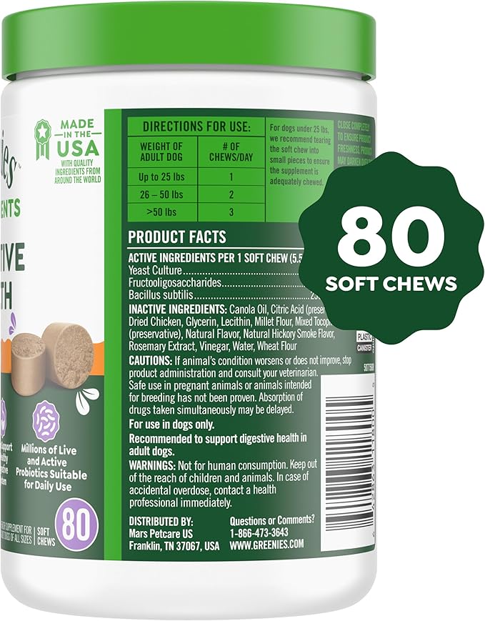 Greenies Supplements Digestive Health Probiotics for Dogs Chicken Flavor, 15.6 oz. Tub of 80 ct.