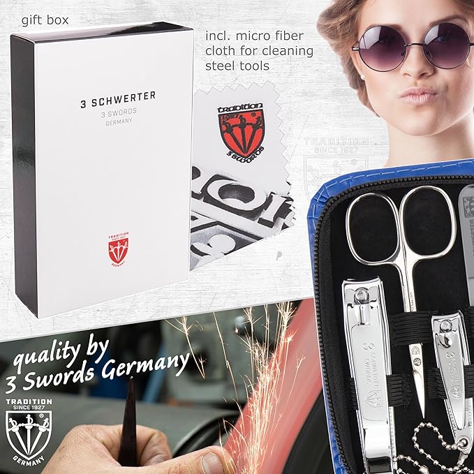 3 Swords Germany - brand quality 8 piece manicure pedicure grooming kit set synthetic leather case blue - Made in Germany