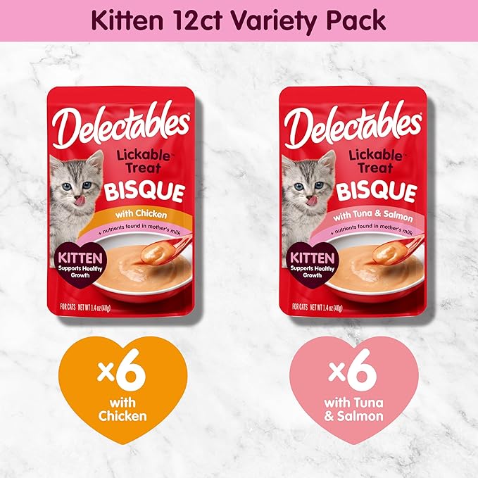 Hartz Delectables Lickable Treat Bisque Kitten Wet Cat Treat with Real Tuna & Salmon, Complete & Balanced, Hydrating, Grain-Free, No Fillers, No by-Products, No Added Preservatives, 1.4oz Pouch, 12ct