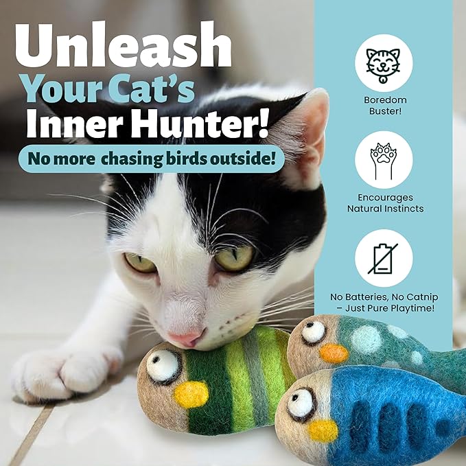 Woolbuddy Felted Wool Cat Toys – 3 Fish Kick Toys for Indoor Cats, Catnip-Free & Durable