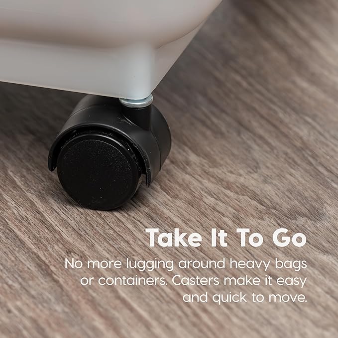 IRIS USA 58 Lbs / 67 Qt WeatherPro Airtight Pet Food Storage Container with Attachable Casters, For Dog Cat Bird and Other Pet Food Storage Bin, Keep Fresh, Translucent Body, Pearl/Almond