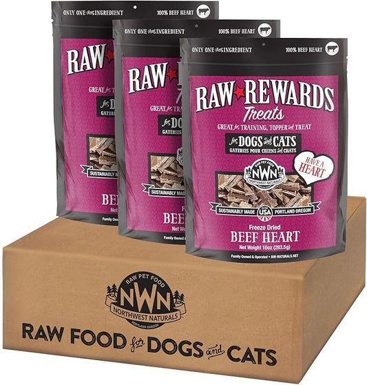 Northwest Naturals Raw Rewards Freeze-Dried Beef Heart Treats for Dogs and Cats - Bite-Sized Pieces - Healthy, 1 Ingredient, Human Grade Ingredient, All Natural, Proudly Made in USA, 10 Oz (Pack of 3)