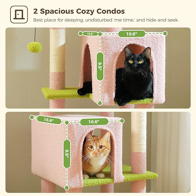 62" Cat Tree for Indoor Cats, Multi-Level Cat Tower for Large Cats with Scratching Posts, 2 Spacious Plush Condos, Padded Perch, Soft Cat Bed, Scratching Pad & 2 Pompoms, Pink