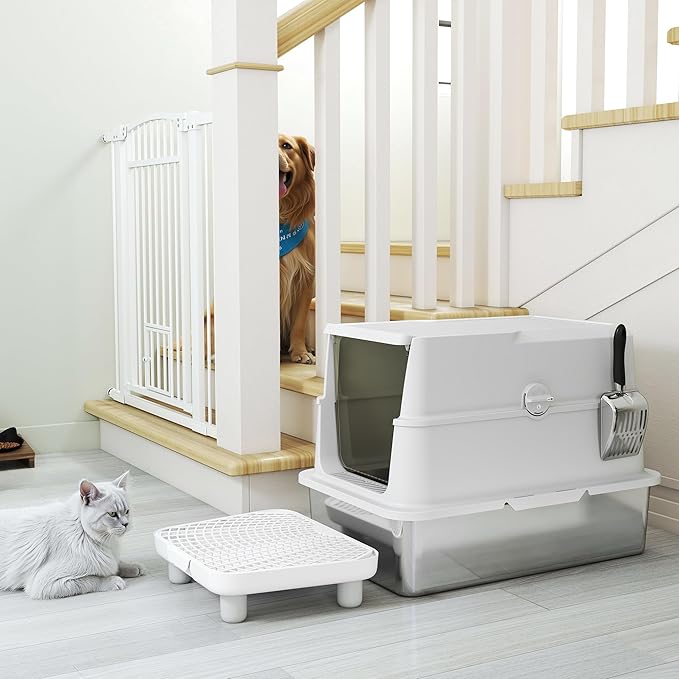 PawHut XL Stainless Steel Cat Litter Box with Lid, Extra Large Enclosed Metal Litter Box for Big Cats with Scoop, Flip Top, Easy Clean & No Odors, Non-Sticky