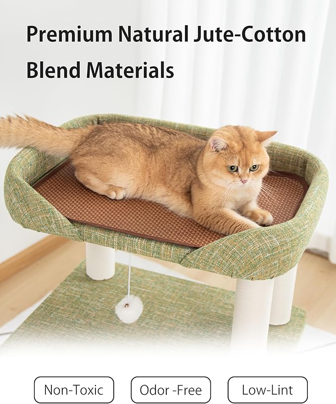 Cat Tree for Large Cat, Modern Senior Friendly Cat Tower with Wide Shelves Low Step, Cotton Scratching Posts, Super Sturdy Base, Cozy Perches, Interactive Toys (Linen Fabric Green 37.4-Inch)