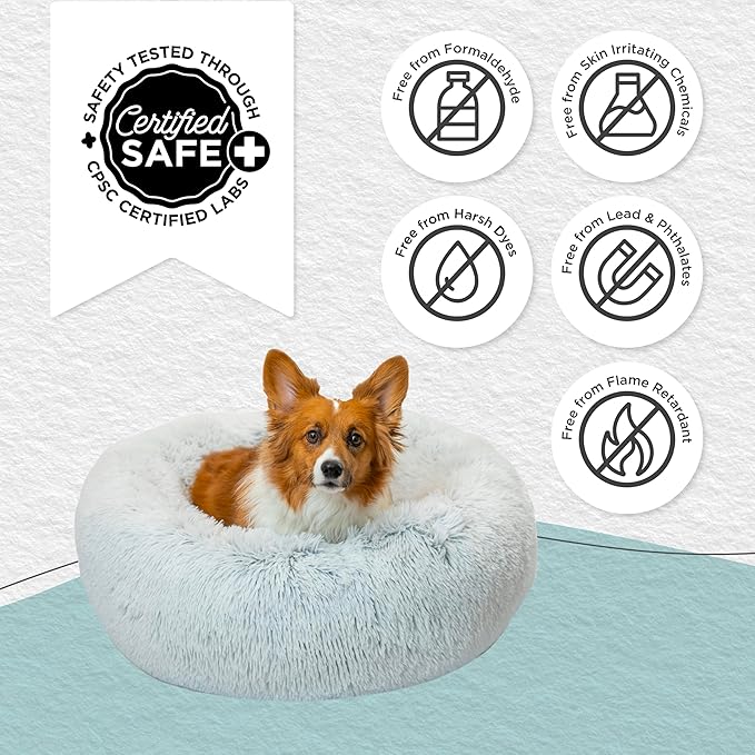 Best Friends by Sheri Original Calming Donut Dog and Cat Bed, Shag Faux Fur, Frost Gray, (30in x 30in) - Anxiety Relief for Pets Up to 45 lbs