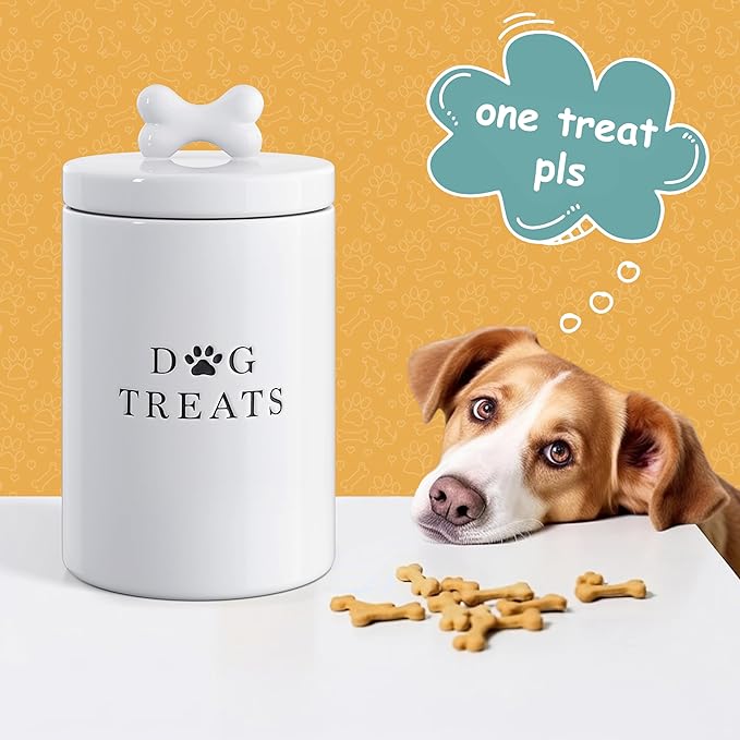 Barnyard Designs Large Dog Treat Container Airtight with Lid, Cute Rustic Ceramic Dog Treat Storage Jar for Kitchen Counter (White)