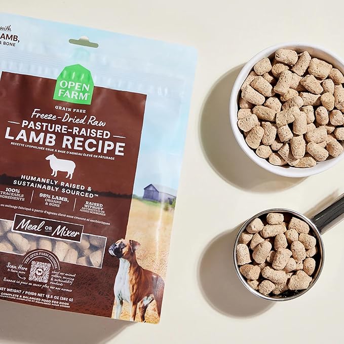 Open Farm, Freeze Dried Raw Dog Food, Morsels with 95% Meat, Organs & Bone, Organic Produce & Superfoods, Complete Meal or Freeze Dried Dog Food Topper, Lamb Recipe, 22oz Bag