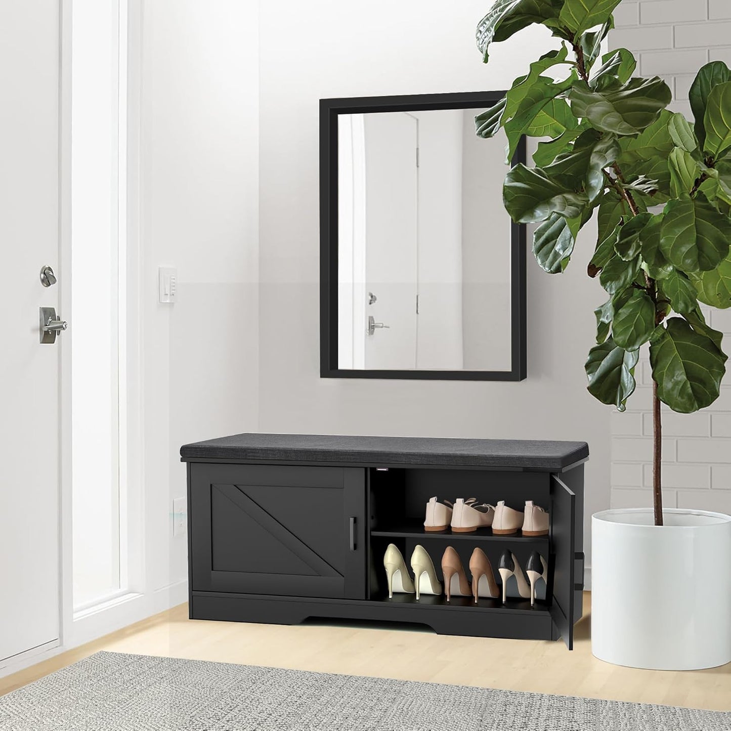 2-Tier Storage Bench, Shoe Bench with Padded Seat Cushion, Entryway Bench with 2 Barn Doors, Adjustable Shelf, 13.8" D x 39.4" W x 17.7" H, for Entryway, Living Room, Bedroom, Black