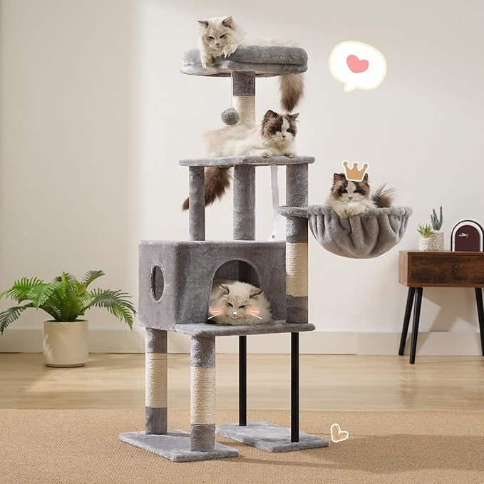 Heybly Cat Tree, 49.2 Inches Cat Tower for Indoor Cats, Spacious Cat House Condo with Hidden Space，Sturdy Steel Tube，Soft Plush Top Perch，Cozy Hammock and Sisal Scratching Posts, Light Gray HCT200SW