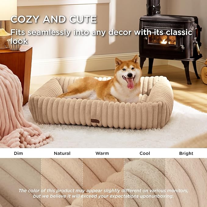 Bedsure Cute Dog Beds Large Sized Dog - Washable Furry Pet Beds, Rectangle Orthopedic Corduroy Fleece Puppy Beds with Removable Zipper Cover, 36x27x8inches,Sandy Beige