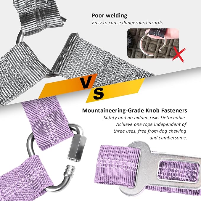 Removable Dog Seat Belt Harness for Car, 3 in 1 Pet Dog Car Seatbelt Leash, Retractable Restraint Secures to Vehicle Headrest & Adjustable Reflective Bungee Dog Seatbelt Tether, Purple and Black