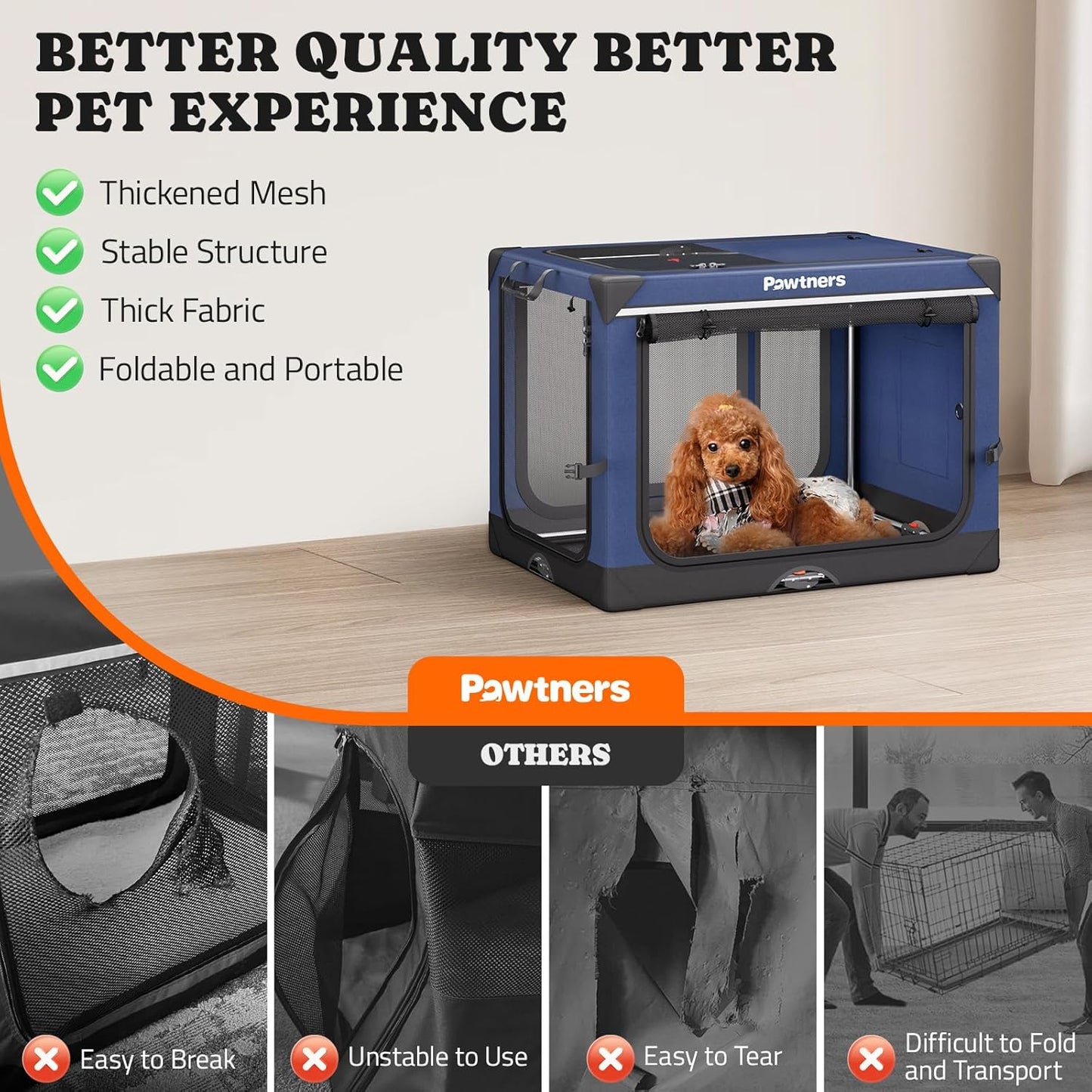 Collapsible Dog Crate: 26 Inch Foldable Soft Sided Dog Crate for Small Dogs, Portable Dog Travel Kennel with Soft Mat for Indoors & Outdoors, Blue (26" L x 18" W x 18" H)