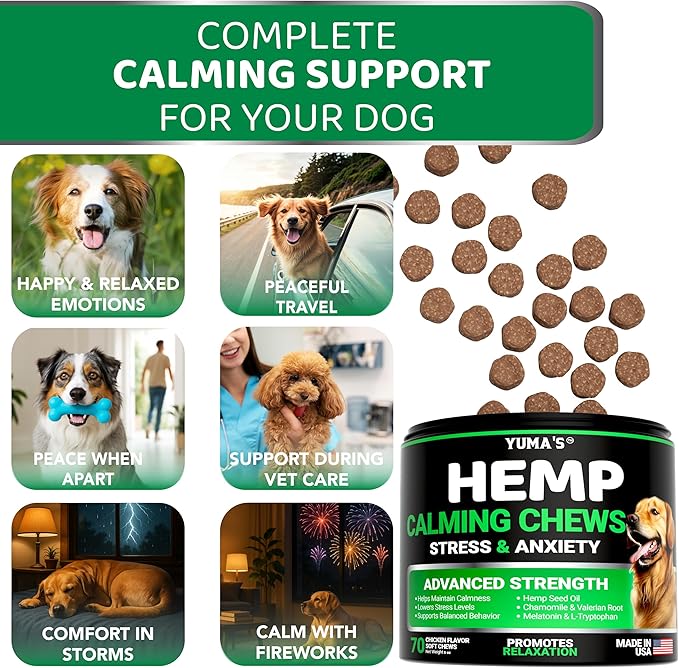 YUMA'S Advanced Calming Chews for Dogs - Hemp Dog Calming Chews - 70 Treats - Anxiety Relief Treats - Hemp Oil - Separation Aid, Stress, Hip and Joint Supplement for Canine Health Support