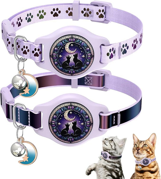 Cat Collar with Airtag Holder, 2 Pack Waterproof Breakaway Kitten Collar for Apple AirTag GPS Tracker, Adjustable Cat Collar with Buckle, Bell & Reflective Pattern for Cats, Kittens, Purple (8-11")