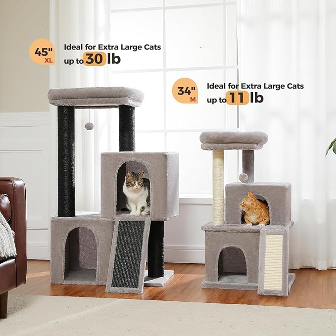 Heavy Duty Cat Tree for Indoor Cats Adult, 45-Inch Cat Tower with Sisal Scratching Ramp, 2 Cat Condo for Extra Large Cats, Big Top Perch, 3 Thick Black Scratching Posts (φ4.3) -Gray