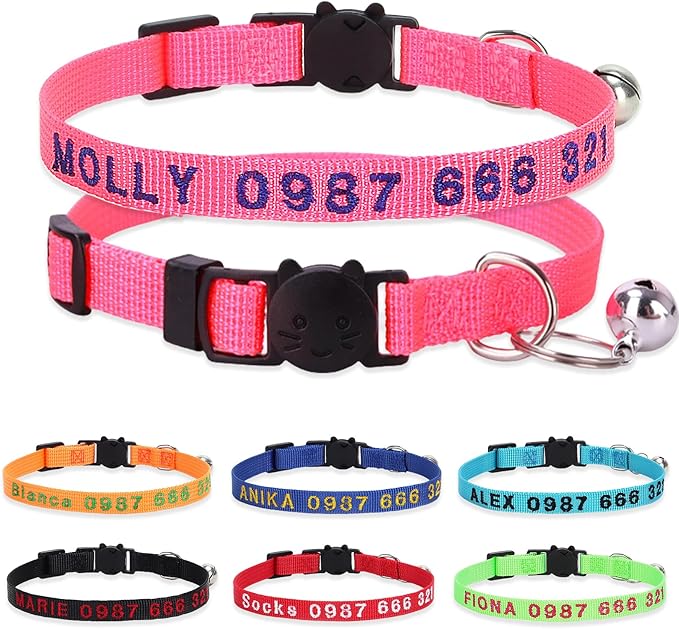 Personalized Cat Collars, Embroidered with Pet Name and Phone Number, Adjustable Nylon Breakaway Safety Release Buckle ID Collar,Custom Text with Bell for Cat or Kitten,Pink