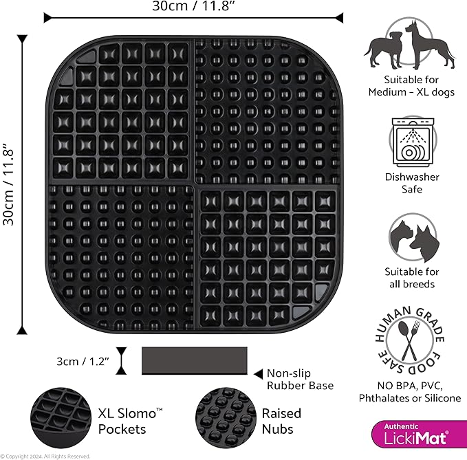 LickiMat Slomo XL - Extra Large Slow Feeder Suitable for Dry, Wet, Raw Foods, All Treats and Doggy Ice Cream. Best for Medium to Massive Breeds. Durable Design with Non-Slip Base. (Black)