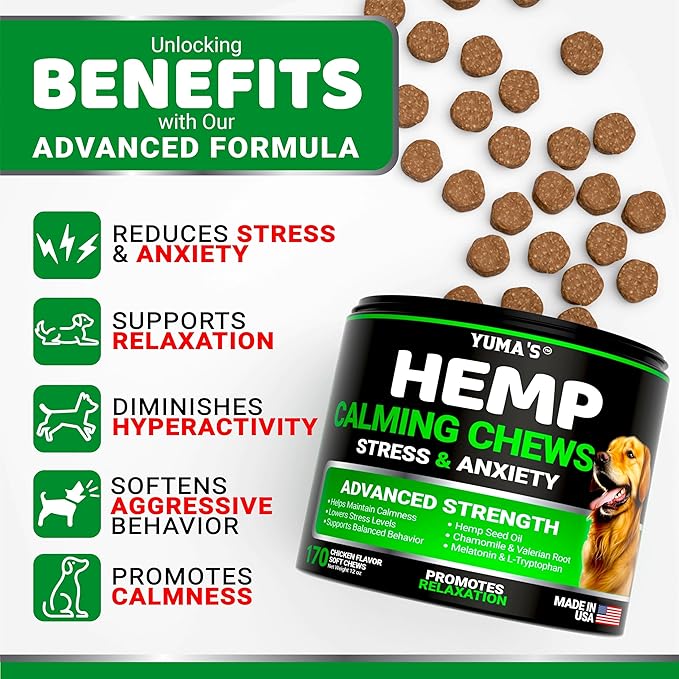 Hemp Calming Chews for Dogs - Advanced Dog Calming Chews - 170 Chews - Anxiety Relief Treats - Separation Aid, Barking, Stress Relief, Thunderstorms - Melatonin - Hemp Oil - Made in USA