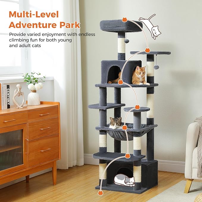 Cat Tree for Indoor Cats, 64.5" Tall Cat Tower with 2 Cozy Condos, Scratching Posts, Large Hammock and Dual Padded Perches, Multi-Level Activity Center for Large Cats, Dark Grey