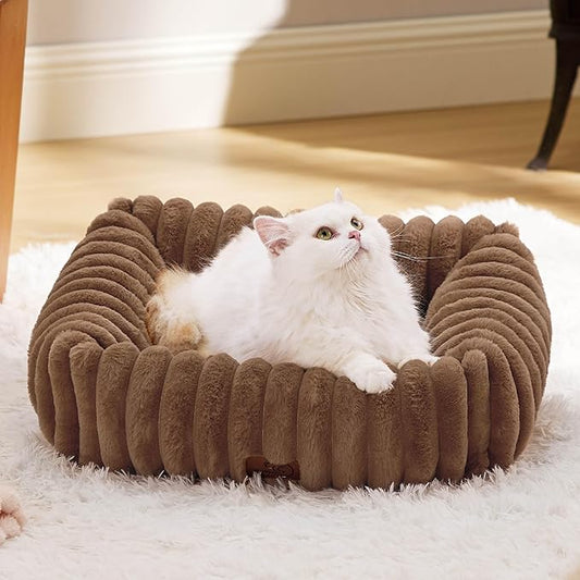 Bedsure Cute Dog Bed for Small Dogs & Cats - Washable Furry Puppy Beds, Rectangle Orthopedic Corduroy Fleece Pet Beds with Removable Zipper Cover, 20x19x6inches, Camel Brown