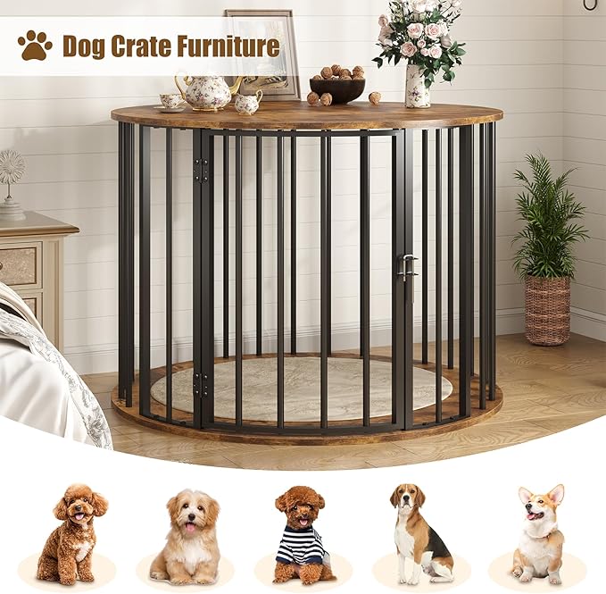 32 Inch Dog Crate Furniture for Large Medium Dogs, Wooden Dog Kennel Indoor Decorative Pet House Side End Table, Round Dog Cage, Rustic Brown