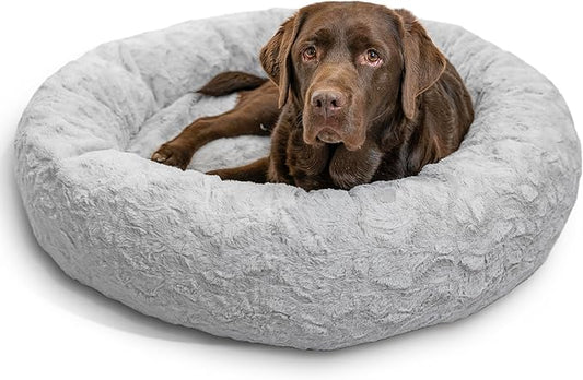 Best Friends by Sheri Original Calming Donut Dog and Cat Bed, Lux Faux Fur, Gray, (36in x 36in) - Anxiety Relief for Pets Up to 100 lbs
