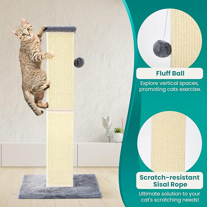 Cat Scratching Post 32 Inch for Indoor Large Cats and Kitten, Nature Sisal Tall Cat Scratch Post, Sisal Cat Scratcher Improve Cat's Scratching Habits and Protect Your Furniture, Grey