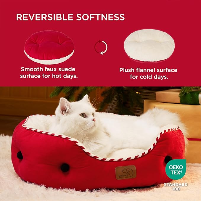 Bedsure Dog Beds for Small Dogs - Round Cat Beds for Indoor Cats, Washable Pet Bed for Puppy and Kitten with Slip-Resistant Bottom, 20 Inches, Savvy Red