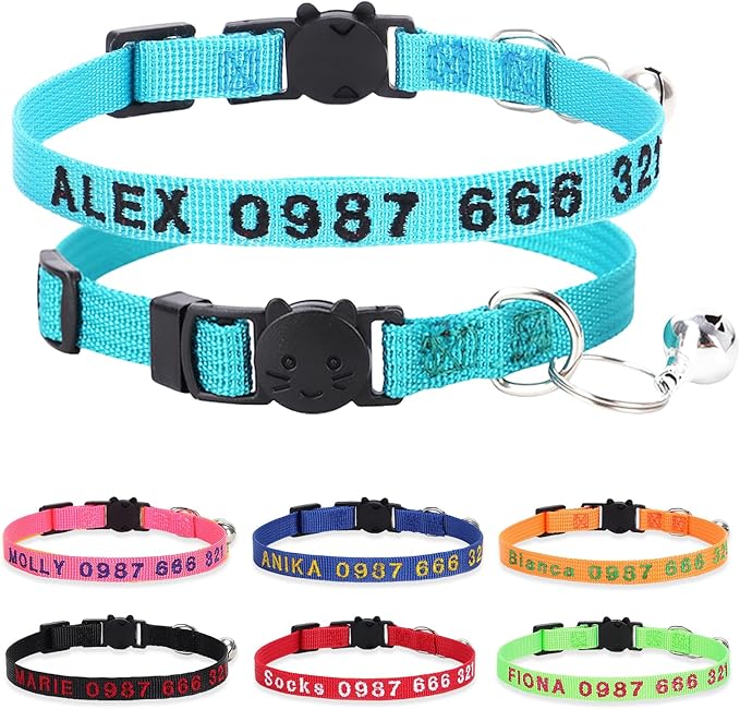 Personalized Cat Collars, Embroidered with Pet Name and Phone Number, Adjustable Nylon Breakaway Safety Release Buckle ID Collar,Custom Text with Bell for Cat or Kitten,Sky Blue