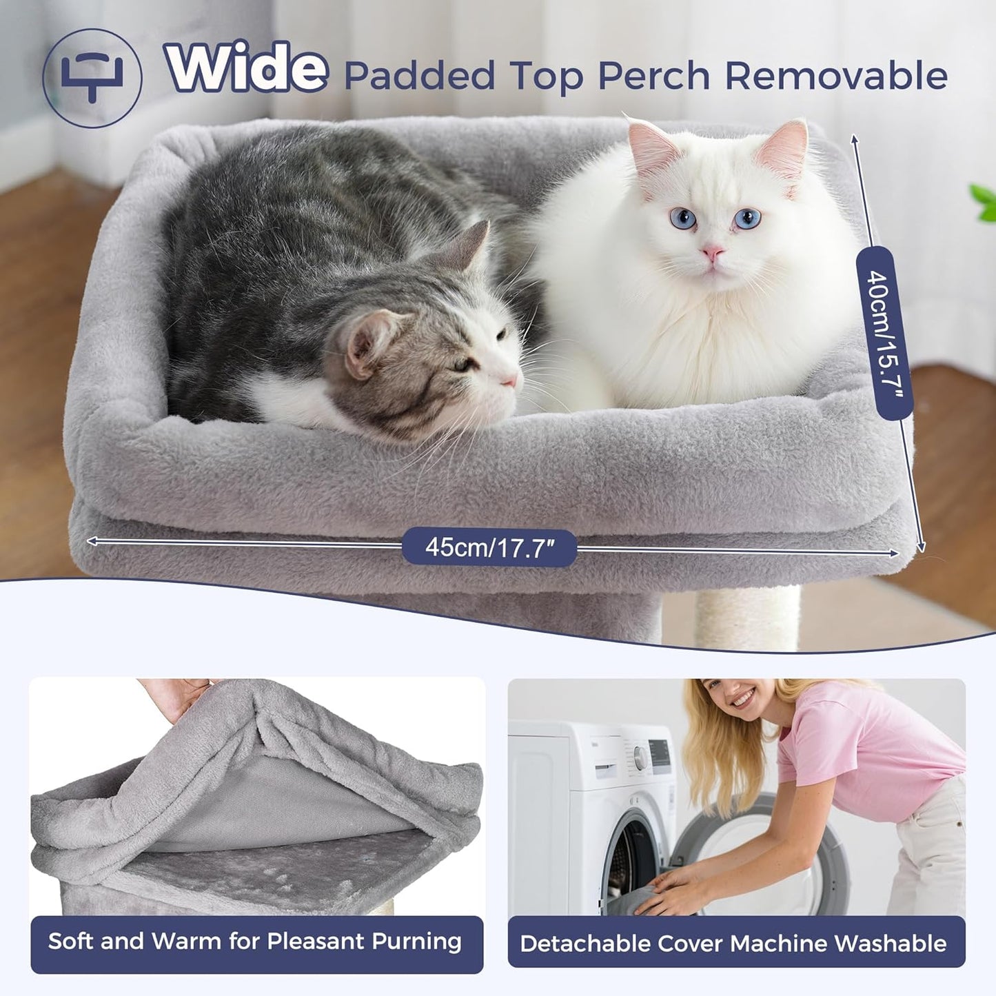 Cat Tree with Large Top Bed 17.7x15.7” Small Cat Tower with Dual Condos,28” Fully Scratching Post and Self Groomer for Indoor Cats-Grey