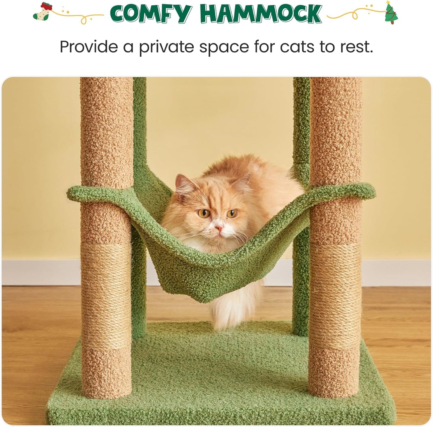 MWPO 63.8 Inches Green Cat Tree for Indoor Cats, Multi-Level Cat Tower with Sisal-Covered Scratching Posts, Padded Platform, Hammock, Dangling Toys, Stable Cat Condo Pet Play House