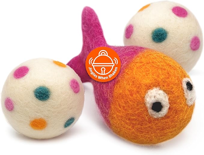 Hustle & Blush Wool Felt Balls 3 Pack Love Ewe Pet Supplies - 2 in Felted Wool Cat Toys 100% New Zealand Wools Felt Cat Toys Handmade Wools Felts Balls, Cats Felts Ball with Bell - Hook, Line & Jingle