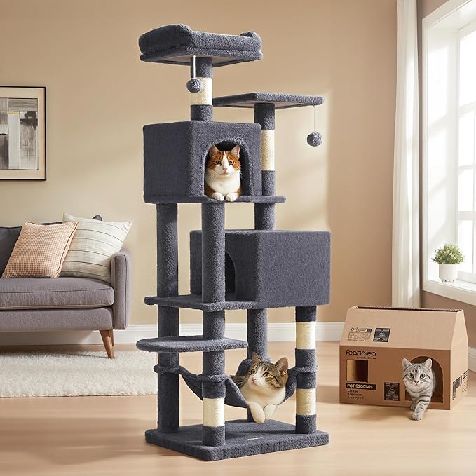 Feandrea Cat Tree, 61-Inch Cat Tower for Indoor Cats, Plush Multi-Level Cat Condo with 5 Scratching Posts, 2 Perches, 2 Caves, Hammock, 2 Pompoms, Smoky Gray UPCT192G01